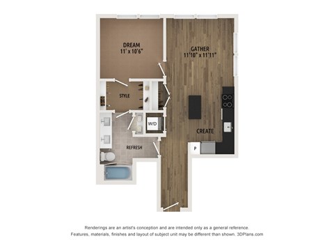 Floor plan for 1 bed, 1 bath, 640 sqft